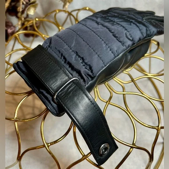 Moncler Black GUANTI Quilted Leather Wool Women’s Gloves Size Medium - Picture 4 of 11